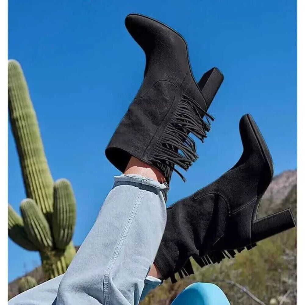 New Free People Wild Rose Black Suede Leather Fringe Slouch Boots Size 9.5